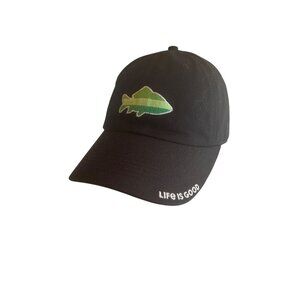 Life Is Good Black Baseball Cap W/ Green Fish Embroidery 100% Cotton Adjustable